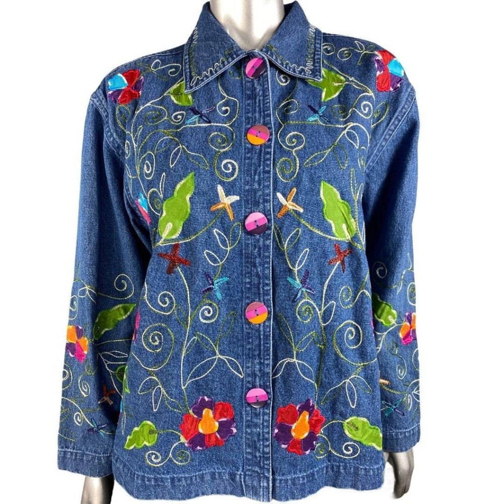New Directions Blue Jean Floral Embroidered Jacket
